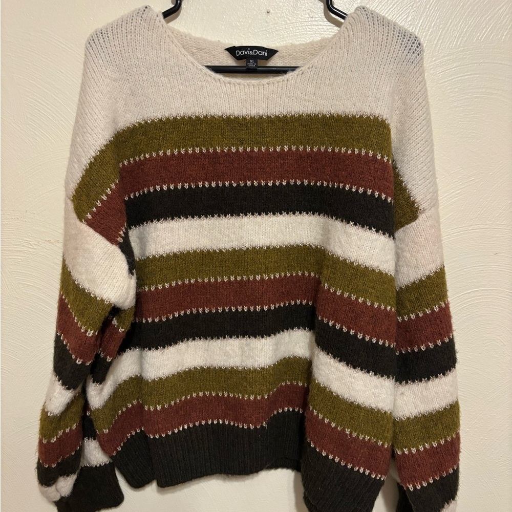 Davi & Dani 1XL Boho Striped Slouchy Sweater Cream Olive Rust